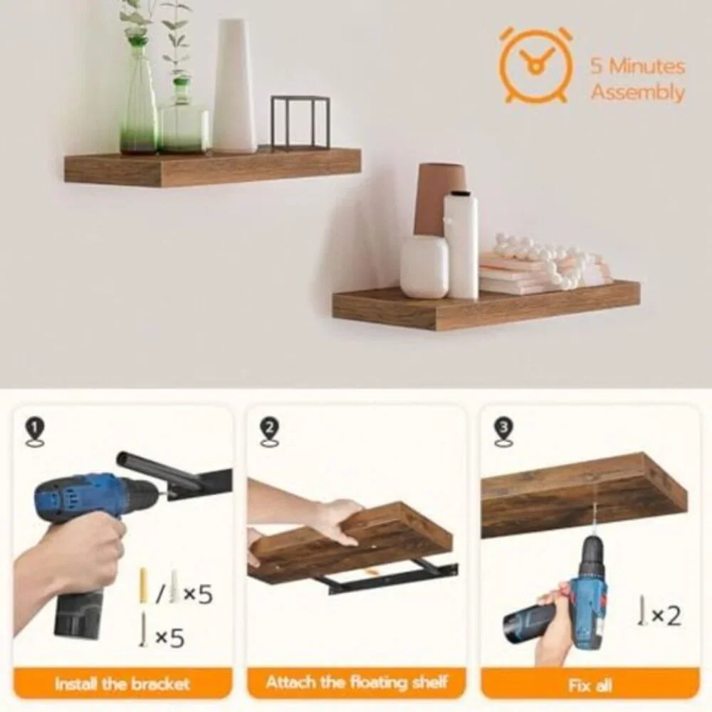 New Set of 2 15.7Inch Floating Wall Shelves with Invisible Brackets - Brown